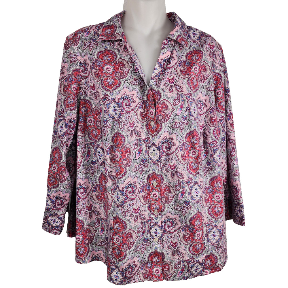 Talbots Womens Shirt Wrinkle Resistant Button Up Paisley 3/4 Sleeve Petites 16WP